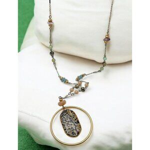 Vtg Beaded Statement Necklace Silver Tone Chain Pastel Beads Gold Tone Pendant